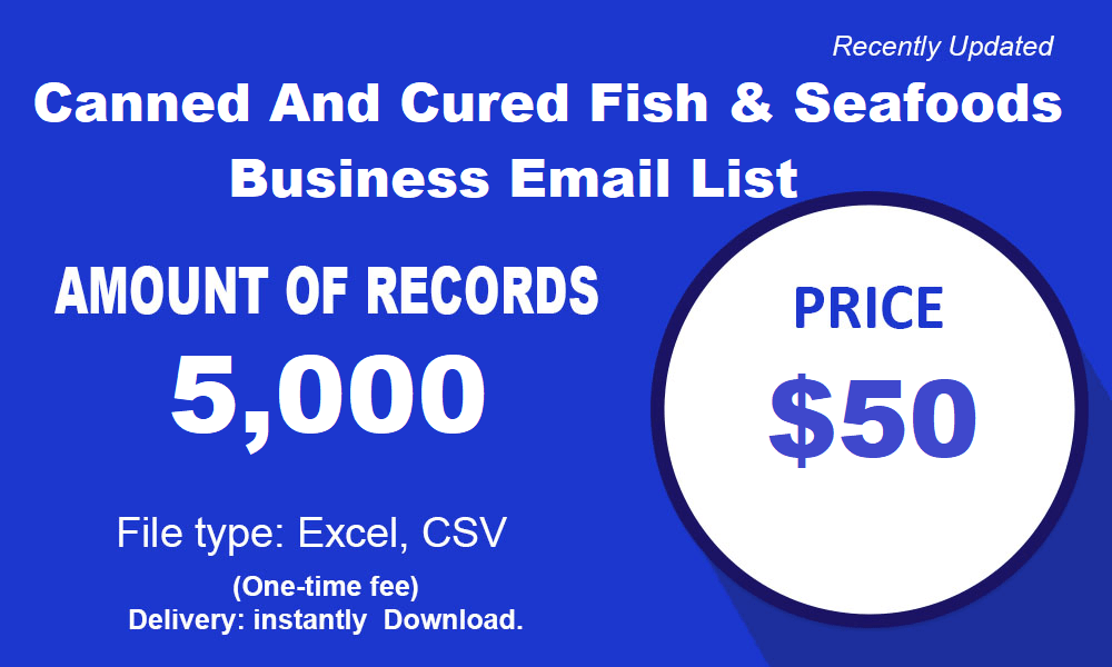 Lista de e-mail comercial de peixes e frutos do mar em conserva e curados