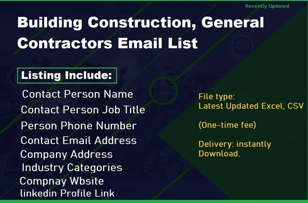 Construcción de edificios, lista de correo electrónico de contratistas generales