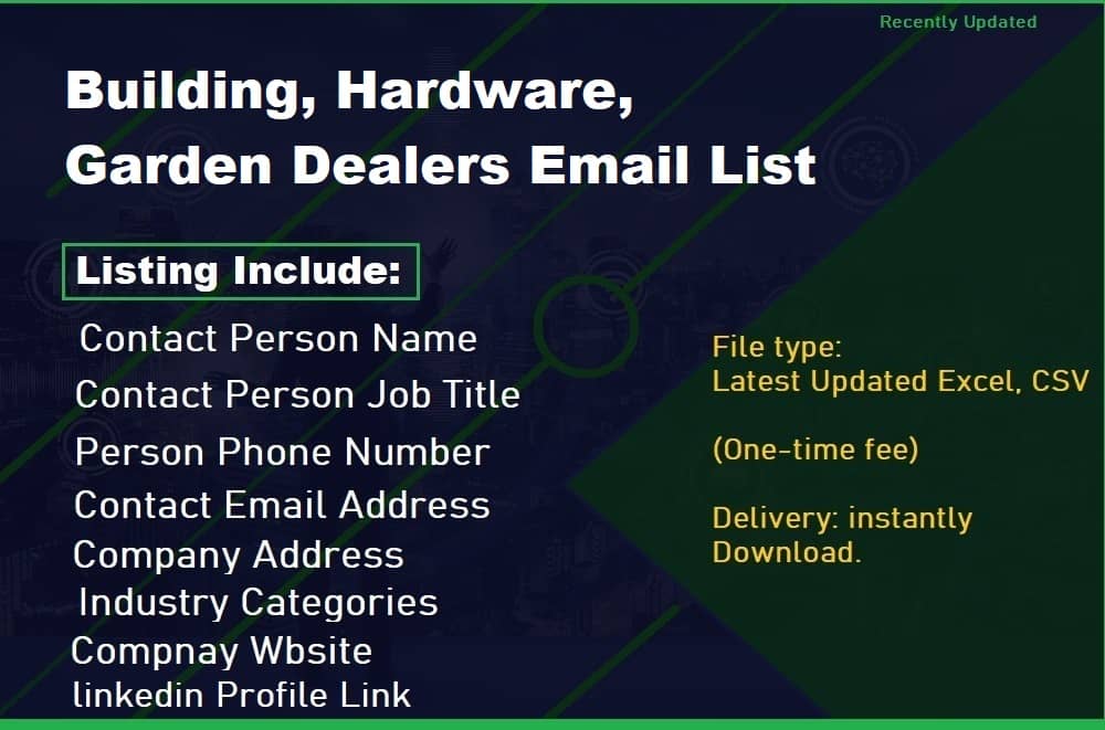 Списък с имейли на търговци на сгради, хардуер, градини